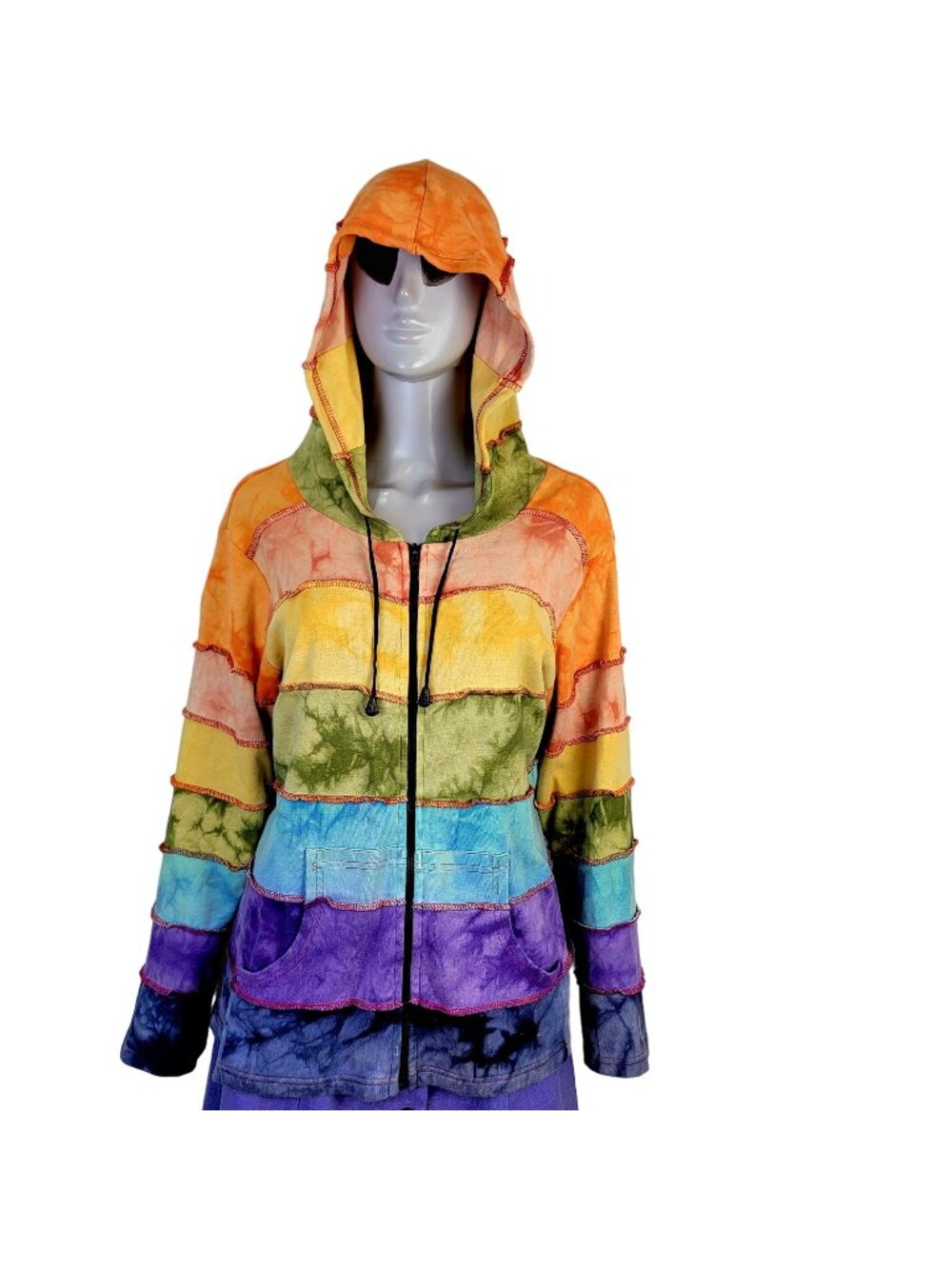 Colorful Rainbow Hoodie Women Medium Hood Zip Jacket Sweatshirt Boho Casual 10 M